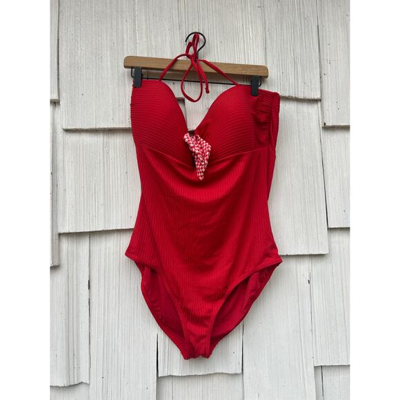 Matilda Jane Poolside Party Red Ribbed Halter One-Piece Swimsuit Size XL - Picture 3 of 7